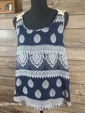 No Boundaries Navy and White Paisley Crochet Strap Tank